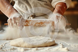 baker rolling dough with pin, flour dust cloud around