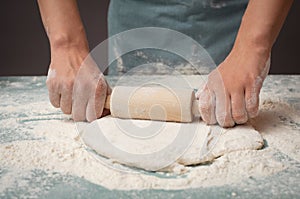 Baker rolls out dough for pizza, flatbread or pastry with rolling pin, prepare ingredients for food, baking for holidays