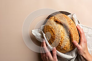 The baker& x27;s hands hold a loaf of fresh sourdough wheat bread, top view. Copy space banner of rustic cereal bread in