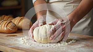 Baker's Hands Kneading Dough in a Flour-Dusted Kitchen Setting