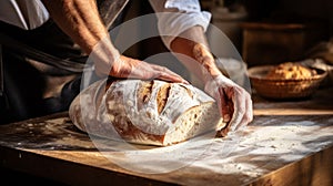 Baker& x27;s hands make Fresh aromatic bread with flour and dough on a wooden cutting board and wheat. Fresh classic