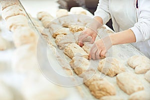 Baker`s hands preparing the dough for baking bread .