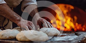 baker& x27;s hands sprinkled with flour, kneading dough on the table for baking bread in a woodfired oven, poster