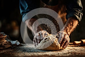A baker shaping bread dough by hand. Generative AI.