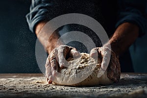 A baker shaping bread dough by hand. Generative AI.