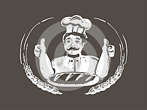 Baker showing thumbs up, bakery badge or label vintage style vector illustration with bread