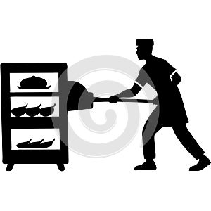 Baker Silhouette Pulling Fresh Baked Bread from Oven Pastry Chef Culinary Art Design photo