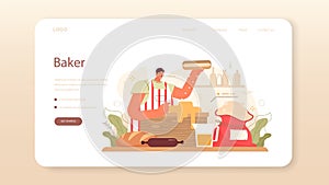 Baker web banner or landing page. Chef in the uniform baking