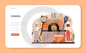 Baker web banner or landing page. Chef in the uniform baking bread.