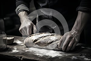 Bakerman Kneading And Making Bread On A Wooden Table