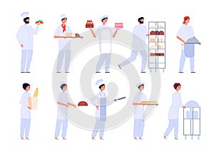 Bakers characters. Cartoon cute girl bake cake. Flat professional chef baking. Bakery, confectionery and bread, people