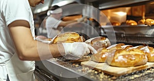 Bakers Expertly Retrieving Freshly Baked Bread from the Oven
