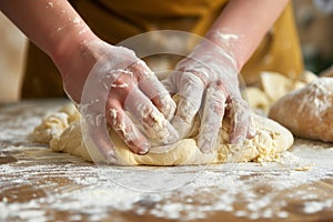 bakers hands shaping dough on floured wooden table