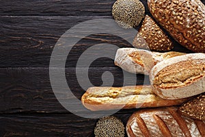Bakery background, bread assortment on black