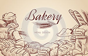 Bakery background. Hand drawn cooking bread bakery bagel breads pastry bake baking culinary vector menu design