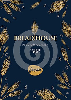 Bakery background with wheats. Linear graphic. Bread banner collection. Bread house. Vector illustration.