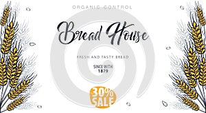 Bakery background with wheats. Linear graphic. Bread banner collection. Bread house. Vector illustration.