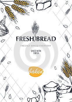 Bakery background with wheats. Linear graphic. Bread banner collection. Bread house. Vector illustration.