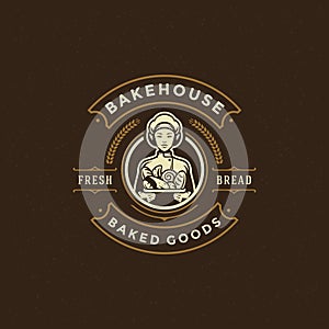 Bakery badge or label retro vector illustration baker women holding basket with bread silhouette for bakehouse