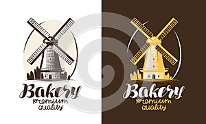 Bakery, bakehouse, bread logo or label. Mill, windmill icon. Handwritten lettering vector illustration