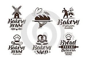 Bakery, bakehouse label or logo. Bread, baked goods, food symbol. Typographic design vector illustration photo