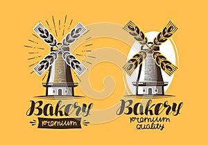 Bakery, bakehouse logo or icon. Bread, mill, windmill label. Lettering vector illustration photo