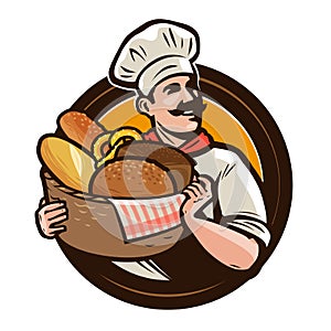 Bakery, bakehouse logo or label. Baker with a wicker basket of freshly baked bread. Vector illustration photo