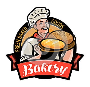 Bakery, bakehouse logo or label. Happy baker or cook with bread in hand. Vector illustration