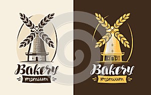 Bakery, bakehouse logo or label. Mill, windmill, wheat, bread icon. Lettering, calligraphy vector illustration