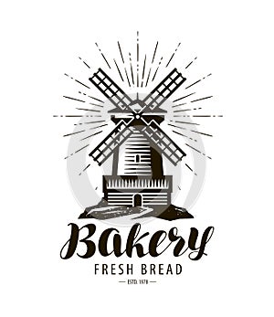 Bakery, bakehouse logo or label. Windmill, mill symbol, vector