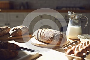 Bakery baker bread. Fresh homemade bread on a table in the kitchen.