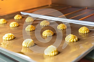 Bakery baker preparing bread cooking in the oven.Bakery close up holding a peel with freshly baked.Activity during quarantine home