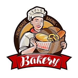 Bakery, bakeshop logo or label. Woman baker holding a wicker basket full of bread. Vector illustration