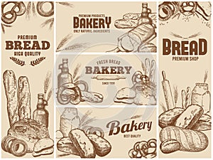 Bakery banner. Hand drawn fresh bread, natural baking ingredients and sketch bakery products vector illustration set