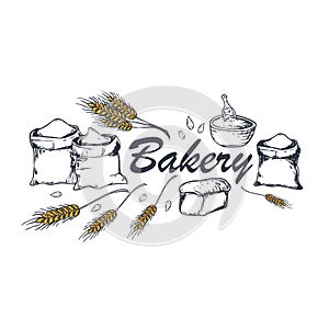 Bakery banner with wheats. Linear graphic. Bread banner collection. Bread house. Vector illustration.