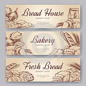 Bakery banners. Hand drawn cooking bread bakery bagel breads pastry rye bake baking pumpernickel culinary banner set photo