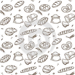 Bakery bread and cereals vector sketch pattern