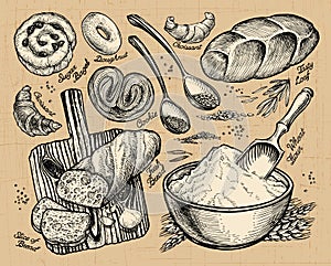 Bakery, bread. hand-drawn sketches of food. vector illustration