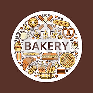 Bakery, bread house poster template. Vector food line icons, illustration of sweets, pretzel, croissant, muffin, pastry