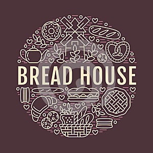 Bakery, bread house poster template. Vector food line icons, illustration of sweets, pretzel croissant, muffin, pastry