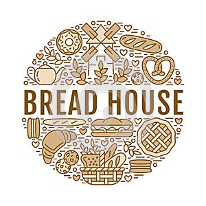 Bakery, bread house poster template. Vector food line icons, illustration of sweets, pretzel croissant, muffin, pastry