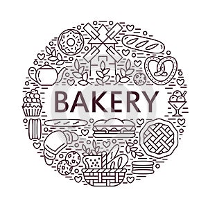 Bakery, bread house poster template. Vector food line icons, illustration of sweets, pretzel croissant, muffin, pastry