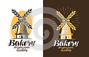 Bakery, bread logo or label. Farm, agriculture, windmill, mill icon. Vintage vector illustration