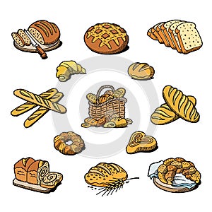 Bakery and bread vector baking breadstuff meal loaf or baguette baked by baker in bakehouse set illustration isolated on