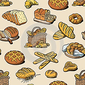 Bakery and bread vector baking breadstuff meal loaf or baguette baked by baker in bakehouse set illustration seamless photo