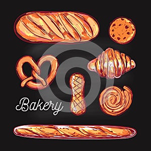 Bakery and Bread vector colorful illustrations. Different types of pastries and cakes . Bakery menu