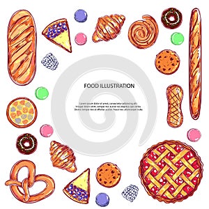 Bakery and Bread vector frame. Different types of pastries and cakes with fruits and berries