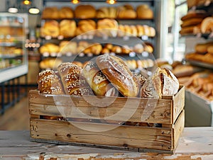 A bakery with bread in wooden crates