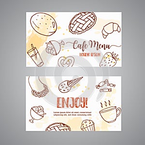 Bakery business card template with pastries. Sweet pastry, cupcakes, dessert cards with chocolate cake, sweets. Ice
