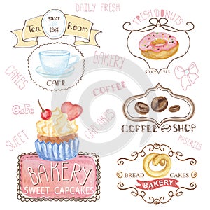 Bakery,cafe logos.Watercolor sweet cakes ,caffee